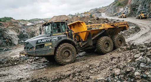 Articulated dump truck moving material in a quarry