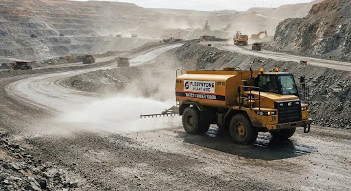 Water tanker truck controlling dust on a quarry access road